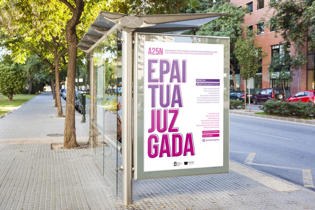 JUZGADA: Cartel en marquesina campaña contra la violencia de género diseñada en el Ciclo Formativo Grado Superior Usandizaga Diseño