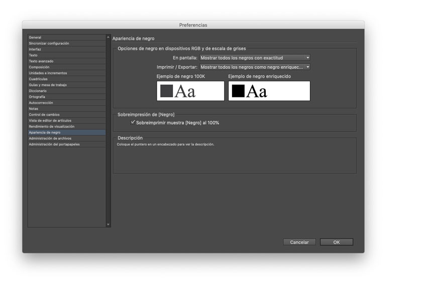 Mostrar los negros con exactitud en preferencias InDesign