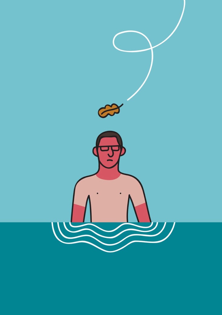 Alexander Fernandez Ilustrador: Mimateix ilustración digital de hombre en el agua con una hoja cayéndole sobre la cabeza