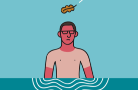 Alexander Fernandez Ilustrador: Mimateix ilustración digital de hombre en el agua con una hoja cayéndole sobre la cabeza