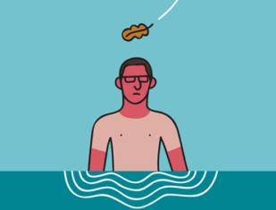 Alexander Fernandez Ilustrador: Mimateix ilustración digital de hombre en el agua con una hoja cayéndole sobre la cabeza