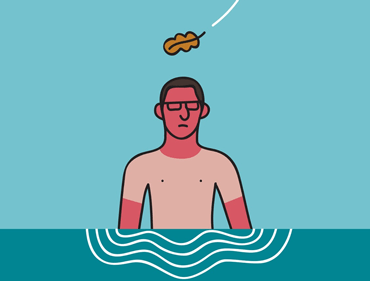 Alexander Fernandez Ilustrador: Mimateix ilustración digital de hombre en el agua con una hoja cayéndole sobre la cabeza