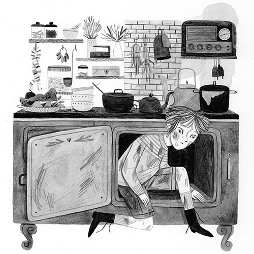 Leire Salaberria Ilustradora ilustración en blanco y negro de chico saliendo de económica