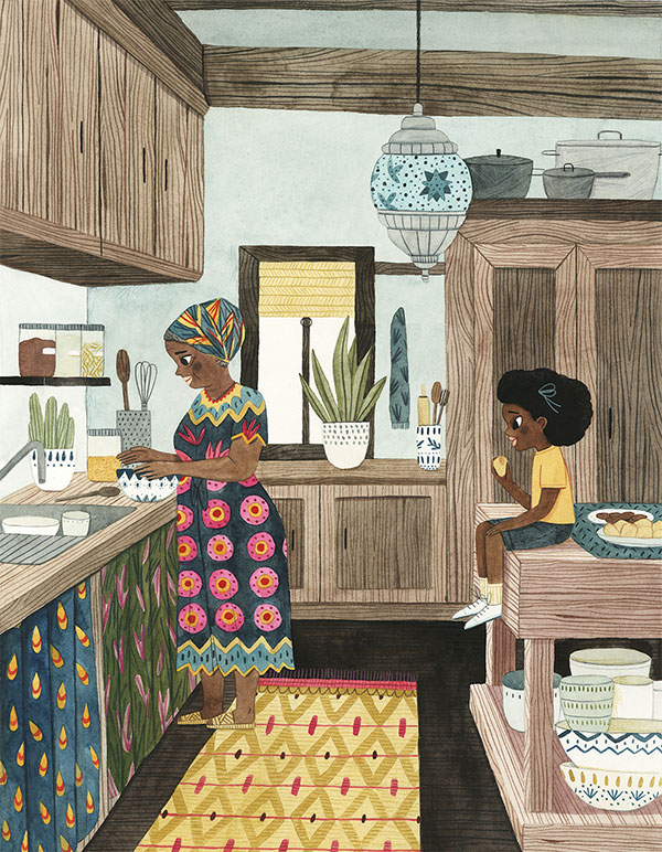 Leire Salaberria Ilustradora ilustración en color de señora africana cocinando y niña en la cocina