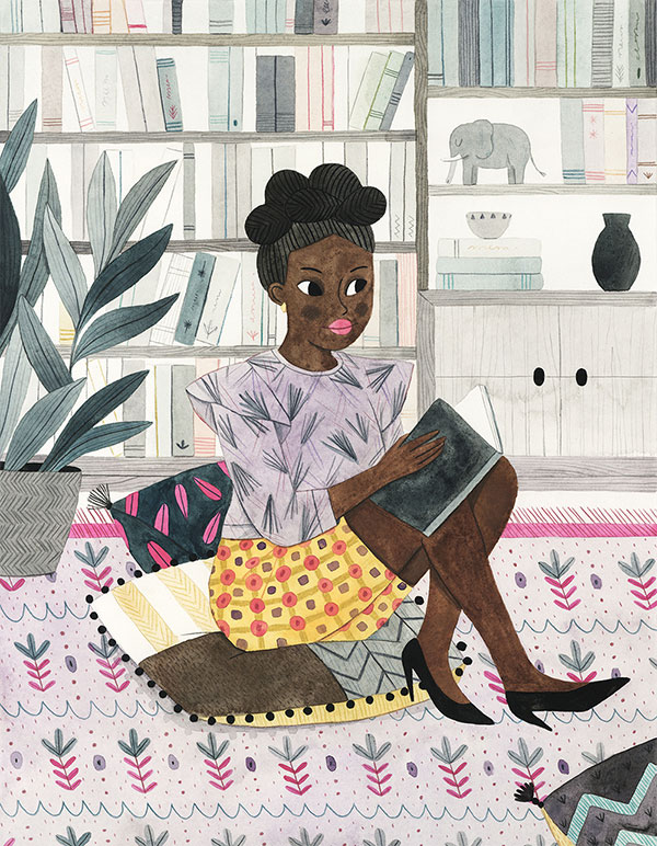 Leire Salaberria Ilustradora ilustración en color de señora africana leyendo