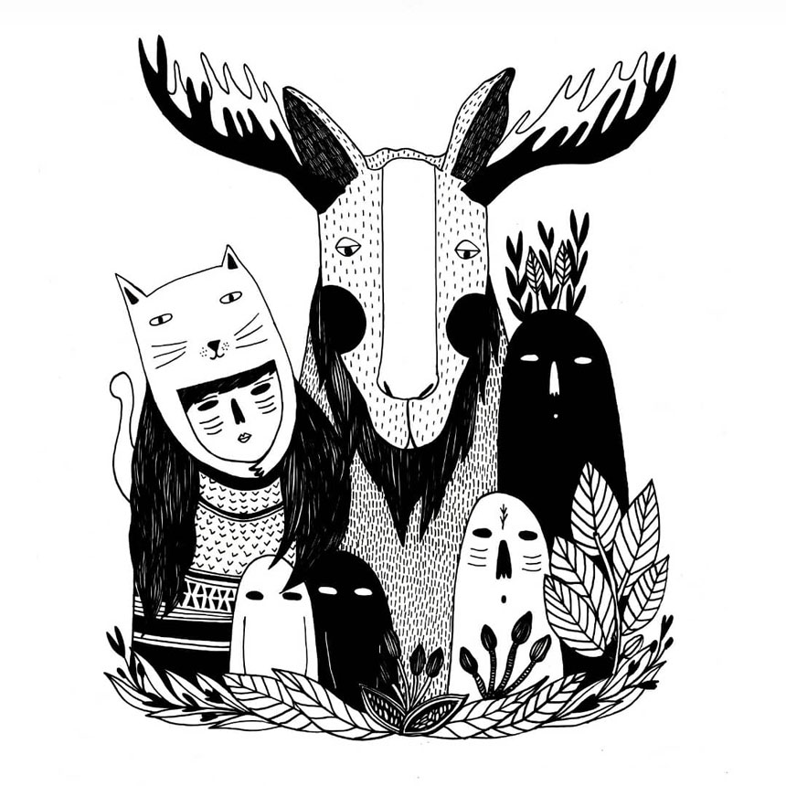 Pili Aguado ilustradora: personajes en blanco y negro
