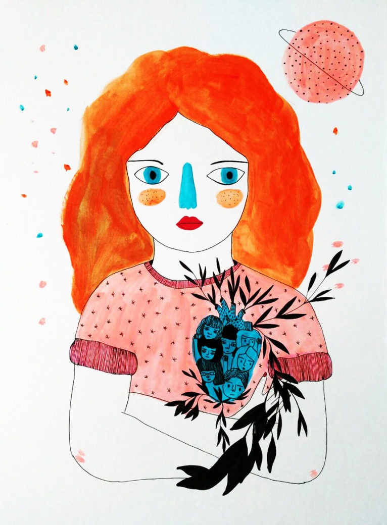 Pili Aguado ilustradora: ilustración de chica con ramos de flores negras