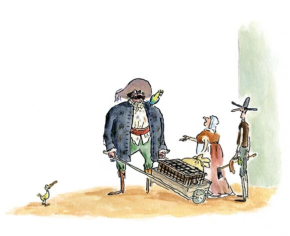 Mikel Vaverde ilustración la balada del pequeño jack pirata con carretilla hablando con campesinos